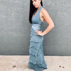 Xscape Dusty Teal Halter Chiffon and Satin Layered A-line Gown B1